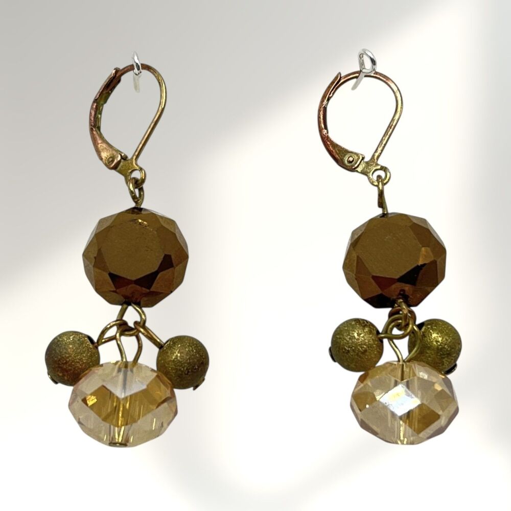 Faceted Glass Dangle Earrings Brown Copper Tone Crystal Metallic Bead Cluster